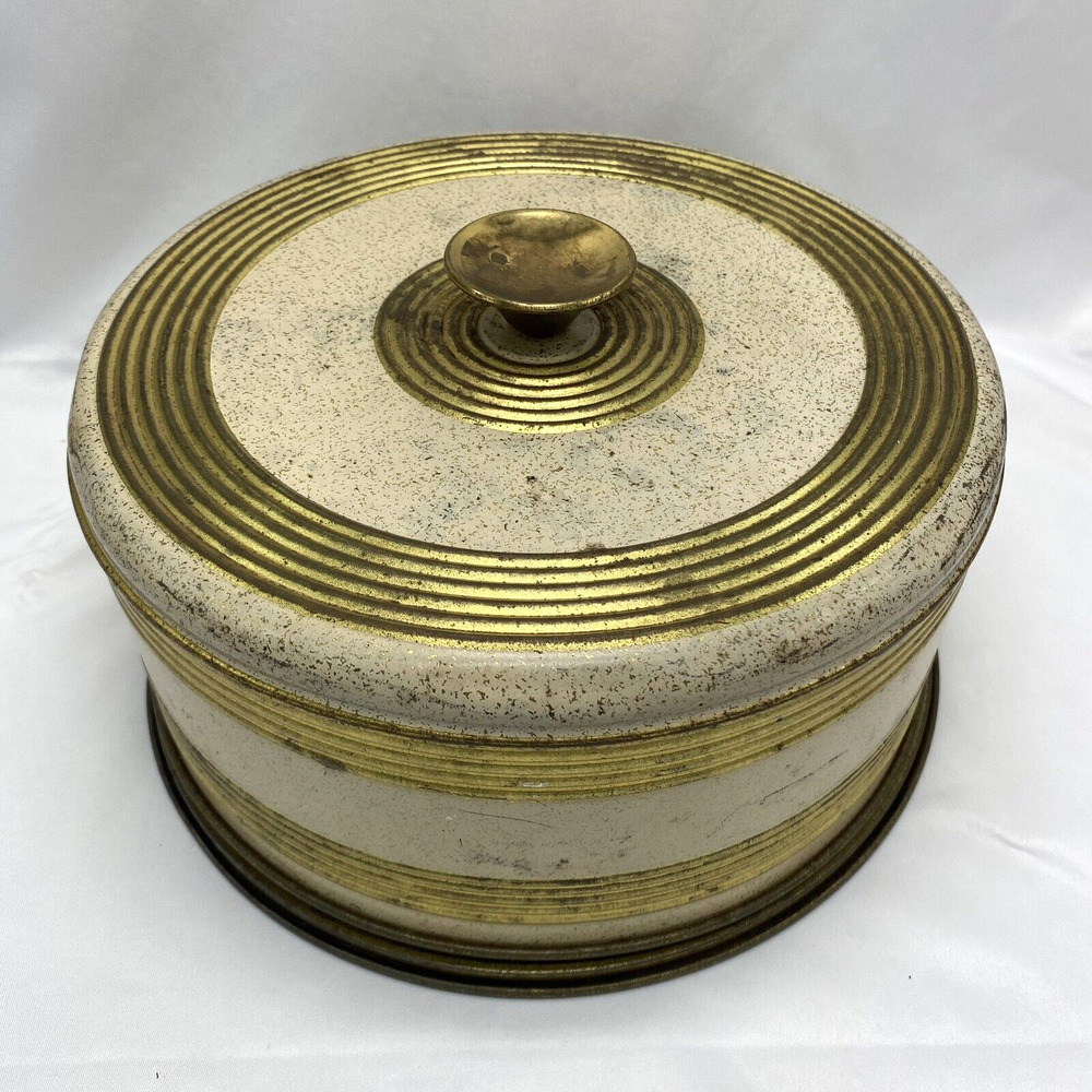 Vtg MCM 1960s Guildcraft? Gold Metal Cake Keeper Carrier Tin Hollywood Regency
